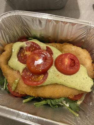 Vegan Mozzarella in carrozza (fried) con pomodorini, rucola e salsa al basilico   at Burger's Bró in Naples