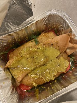 Vegan Scamorza in carrozza with pistacchio sauce and vegan mortadella   at Burger's Bró in Naples