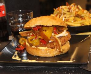 Crunchy krave: cotoletta veg, provola veg, peperoni, cheddar veg, bacon veg at Burger's Bró in Naples