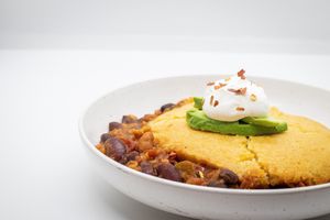 Chili Bake slow simmered chili topped with sweet corned bread  at Sun Of A Vegan in Memphis
