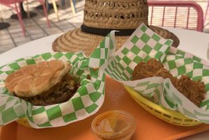 Fajita Burger on left & Fried Oyster Mushrooms  at Sun Of A Vegan in Memphis