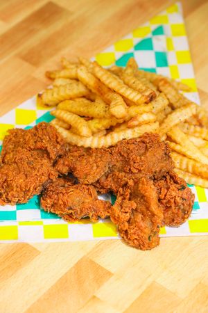 Crispy oyster mushrooms and fries   at Sun Of A Vegan in Memphis