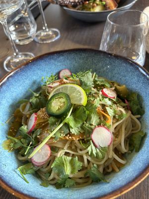 Noodles and veggies main course   at Côté Resto in Honfleur