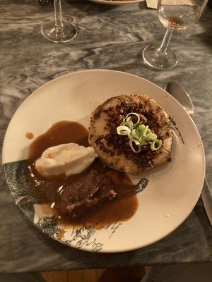 Celery with smashed potatoes and brown sauce  at Espécie in Porto
