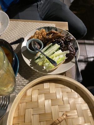 Mushroom duck pancakes (pancakes were in the bamboo box)  at Espécie in Porto