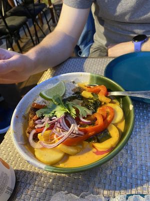 hearts of palm curry with fried banana  at Espécie in Porto