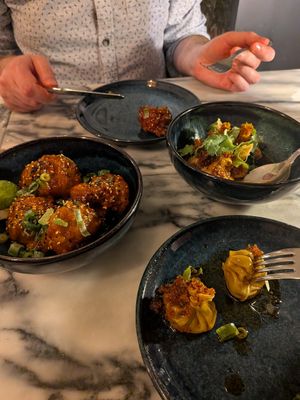 Dumplings and KFC Korean Style Cauliflower at Espécie in Porto