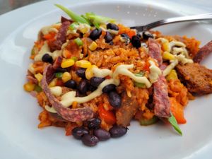 Vegan Jambalaya at Steamworks Brewpub in Vancouver