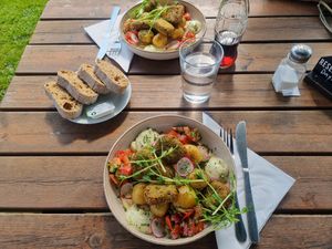bread and vegan butter, vegan choices are a summer salad or this potato plate at Big Hill Lodge in Filipstad