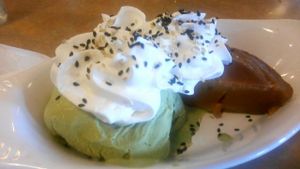 Lotus cake and green tea ice cream at Good Vibes in Huntington Beach