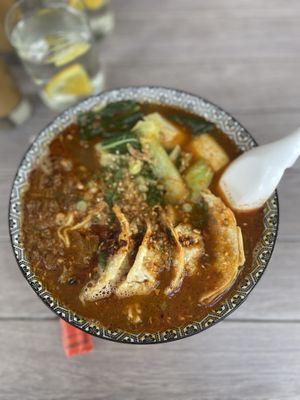 Spicey dumpling ramen. So many noodles!  at Good Vibes in Huntington Beach