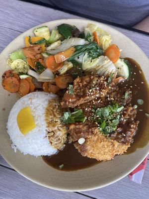 Katsu curry with stir fry veggies  at Good Vibes in Huntington Beach