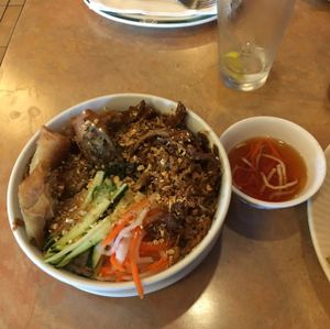 bbq prok and eggroll vermicelli bowl! my #1 at Good Vibes in Huntington Beach