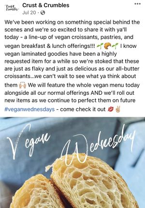 Announcement of vegan options on Facebook !  at Crust & Crumbles in Rockford