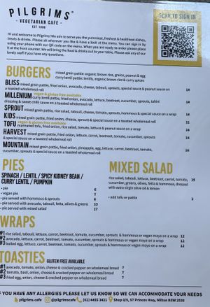 Menu at Pilgrims Vegetarian Cafe in Milton