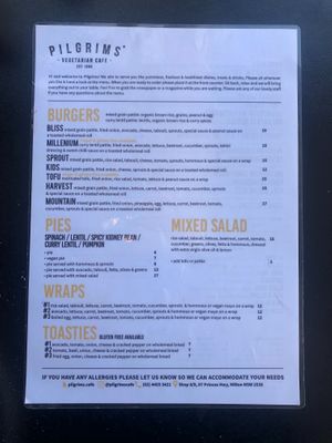 Menu Food side at Pilgrims Vegetarian Cafe in Milton