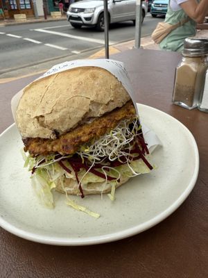 Millennium Burger  at Pilgrims Vegetarian Cafe in Milton