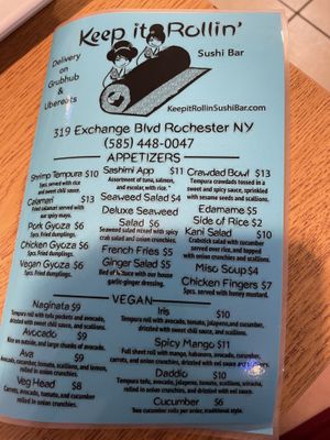 Vegan menu at bottom  at Keep It Rollin in Rochester