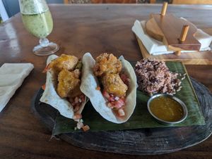 Cauliflower tacos with rice at Coco Loco in Playa Flamingo