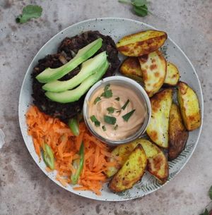 Mexican black bean burgers, carrot slaw  avocado and FRIES at Grubby in East London