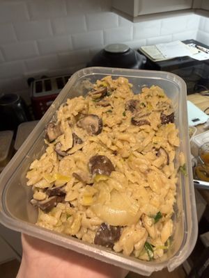 Speedy Mushroom & Leek Creamy Carbonara Orzo  at Grubby in East London