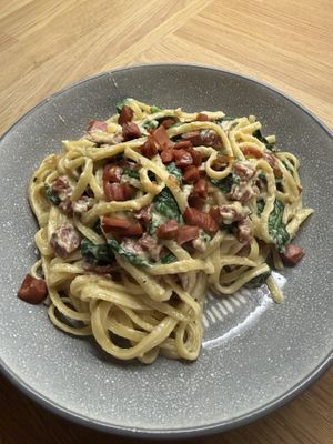 THIS Creamy Bacon and Spinach Cashew Carbonara  at Grubby in East London