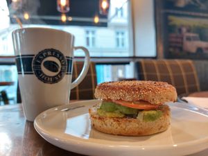 Bun with avocado and tomato at Espresso House - Kongens Nytorv in Copenhagen