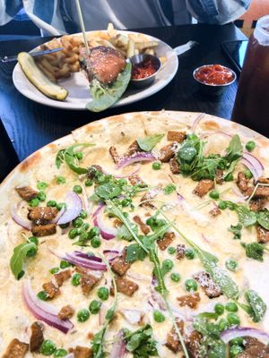 Carbonara flatbread and wildseed burger  at Rad Radish in San Francisco
