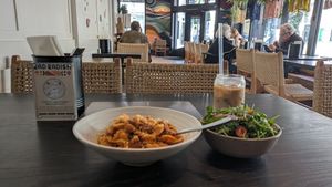 Orechiette, salad, latte at Rad Radish in San Francisco