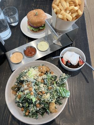 kale caesar salad, tuk tuk smash burger, fries & a chocolate ganache   at Rad Radish in San Francisco