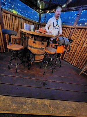 dog friendly seating outside, undercover so fine if it's raining at Big Island Brewhaus in Waimea