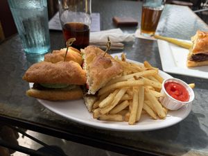 Falafel sandwich with macadamia nut cheese + side of fries  at Big Island Brewhaus in Waimea