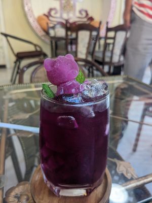 Lime butterfly pea drink! So cute! at Baan Ghu Lhao in Trang