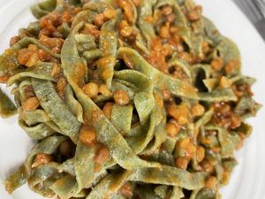 Tagliatelle alle ortiche con ragù di lenticchie  at La Rotonda in Tirano