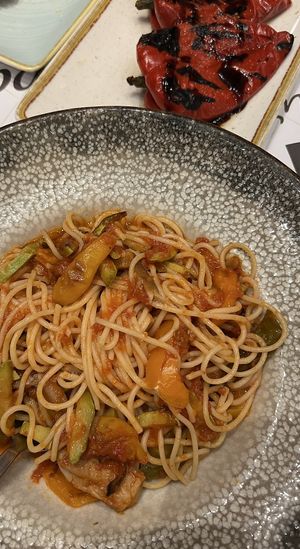 Vegan pasta and grilled peppers  at Balsamico in Ioannina