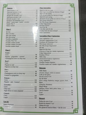 Menu at NHU Y in Clermont-ferrand