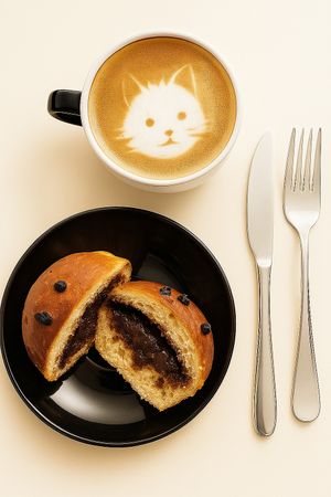 A sliced loaf of Chocolate Bluder from WARMA Vegie Bakery, with rich chocolate filling inside the soft, golden-brown vegetarian bread paired with hot capuccino at WARMA - Vegie Bakery & Coffee Shop in Ubud