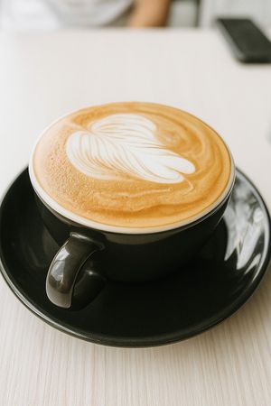 Hot Capuccino, optional plant-based milk (oat milk) - blend coffee from Origin Flores. Warma Vegie Bakery and Coffee Shop Ubud Bali  at WARMA - Vegie Bakery & Coffee Shop in Ubud