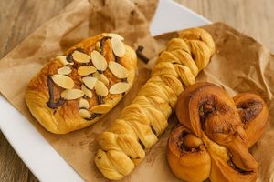 Vegetarian Peanut Cinnamon, Vegetarian Choco Croissant & Vegan Apple Strudel - puff pastries & sweet bread, eggless, no meat. Warma Vegie Bakery and Coffee Shop Ubud Bali 
 at WARMA - Vegie Bakery & Coffee Shop in Ubud