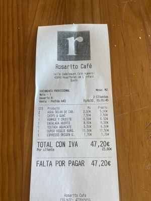 La cuenta para dos personas, todos los platos veganos de la carta  at Rosarito Cafe in L Hospitalet De L Infant