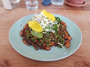 Crispy asparagus pancake at Momo Wholefood in Newcastle