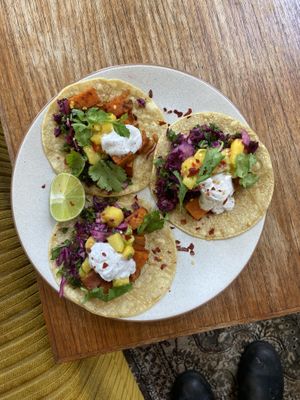 Vegan tortillas with black beans and mango salsa  at Momo Wholefood in Newcastle