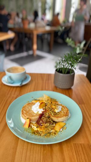 Vegan crumpets with fruit. The dukkah is delicious   at Momo Wholefood in Newcastle