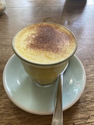 Turmeric latte on oat milk. Just the right amount of sweetness.  at Momo Wholefood in Newcastle