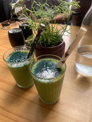 Greenie smoothie split into two - so fresh and healthy!  at Momo Wholefood in Newcastle