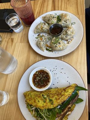 Breakfast dumplings and the crepe - highly recommend   at Momo Wholefood in Newcastle