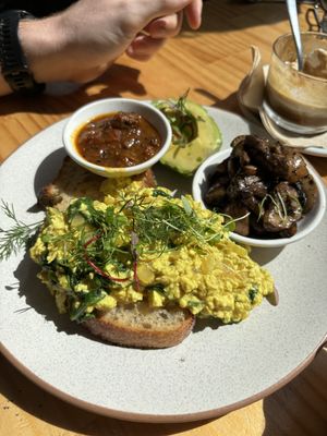 Tofu scramble with avocado and mushrooms   at Momo Wholefood in Newcastle