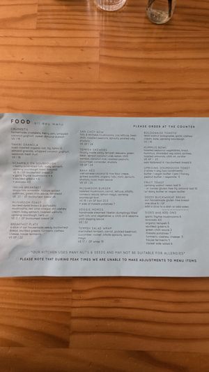 Vegan menu at Momo Wholefood in Newcastle