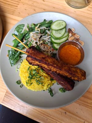 Satay tempeh skewers at Momo Wholefood in Newcastle