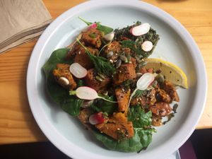 Pumpkin & pesto bruschetta from the specials board  at Momo Wholefood in Newcastle
